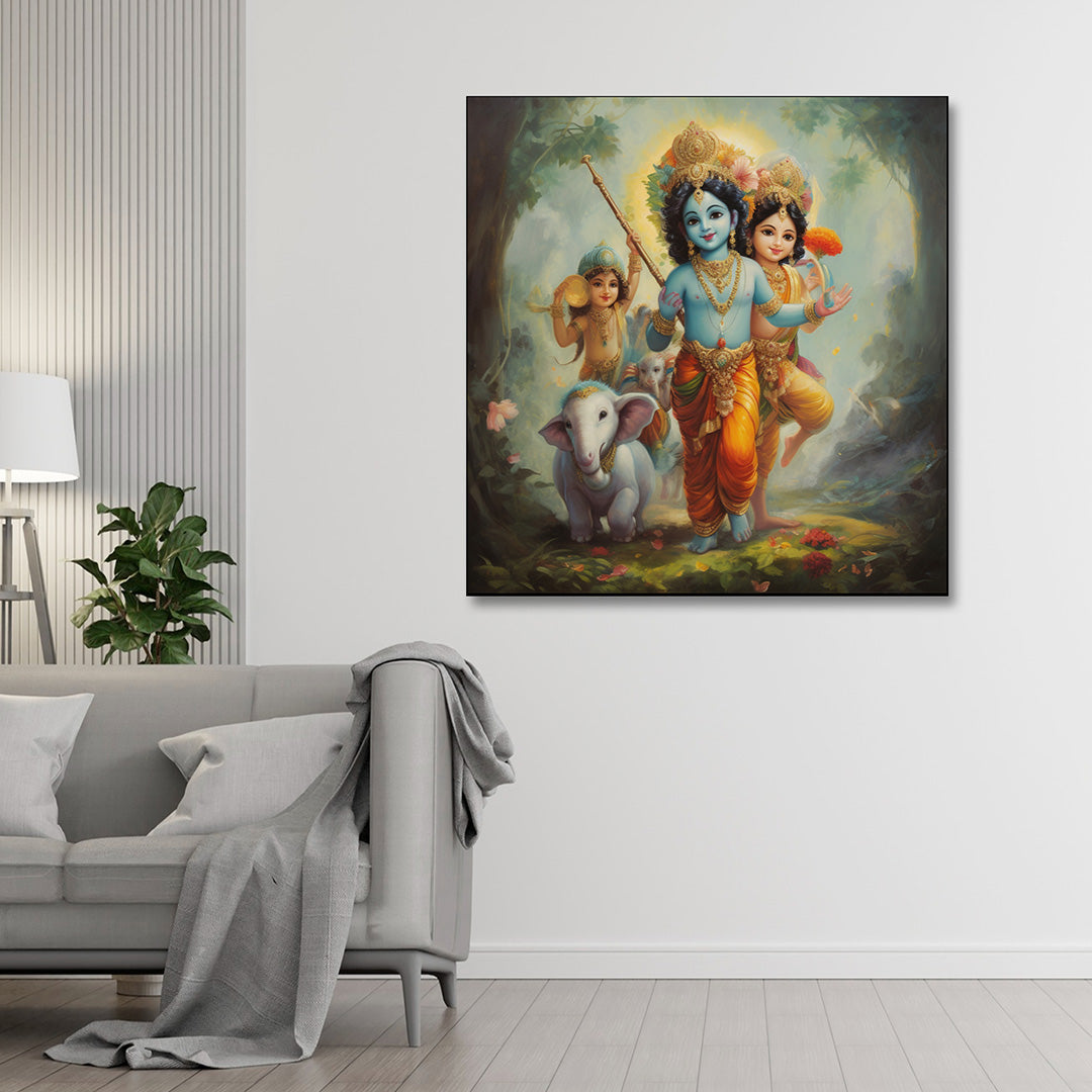 Bal Krishna Kids Canvas Painting Frame Wall Decor for Living Room Cute Spiritual Artwork