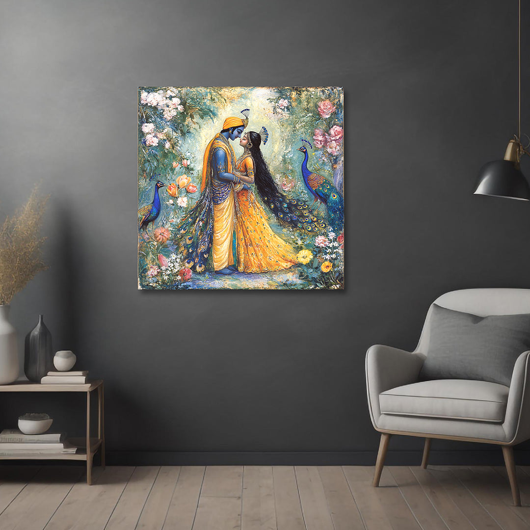 Radha Krishna Romantic Peacock Canvas Painting Frame Floral Wall Art for Living Room Decor