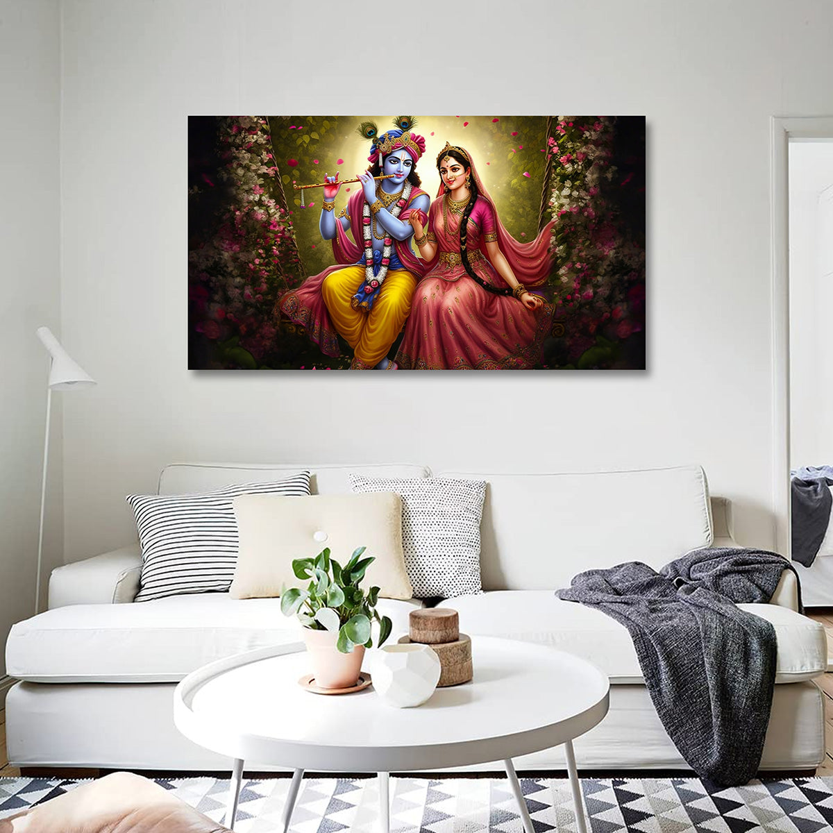 Radha Krishna Floral Swing Canvas Painting Frame Wall Decor for Living Room Romantic Artwork