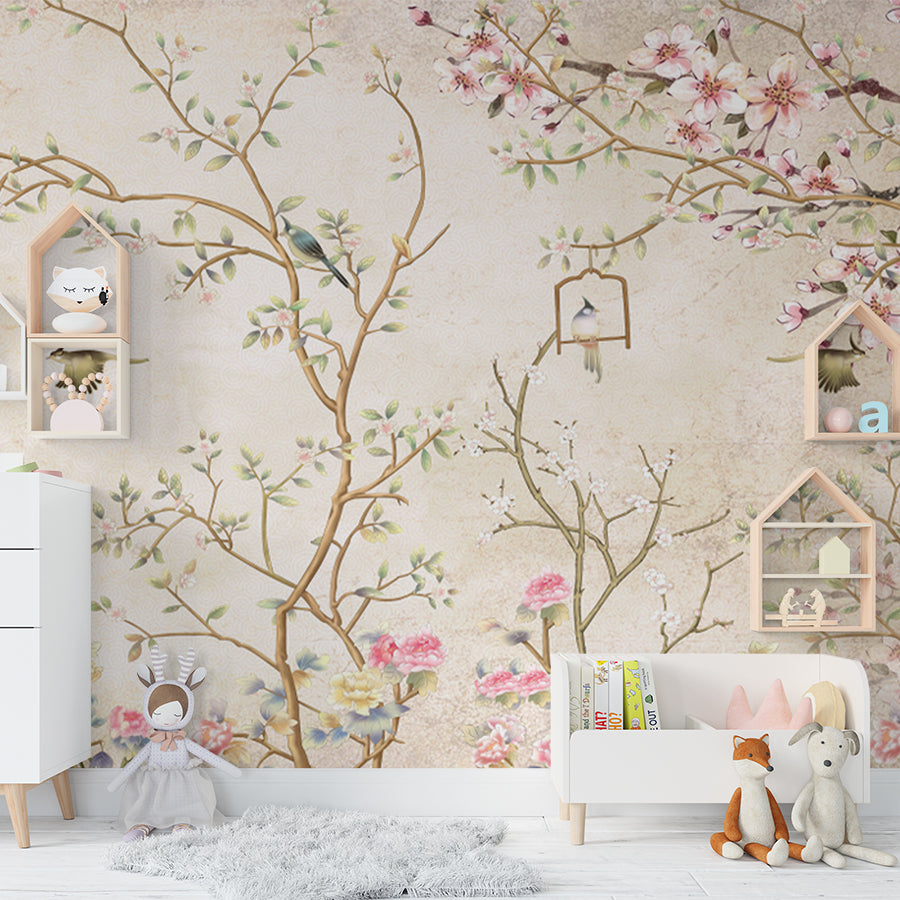 Premium Chirping Birds on Floral Art Wallpaper Self Adhesive for Living Room