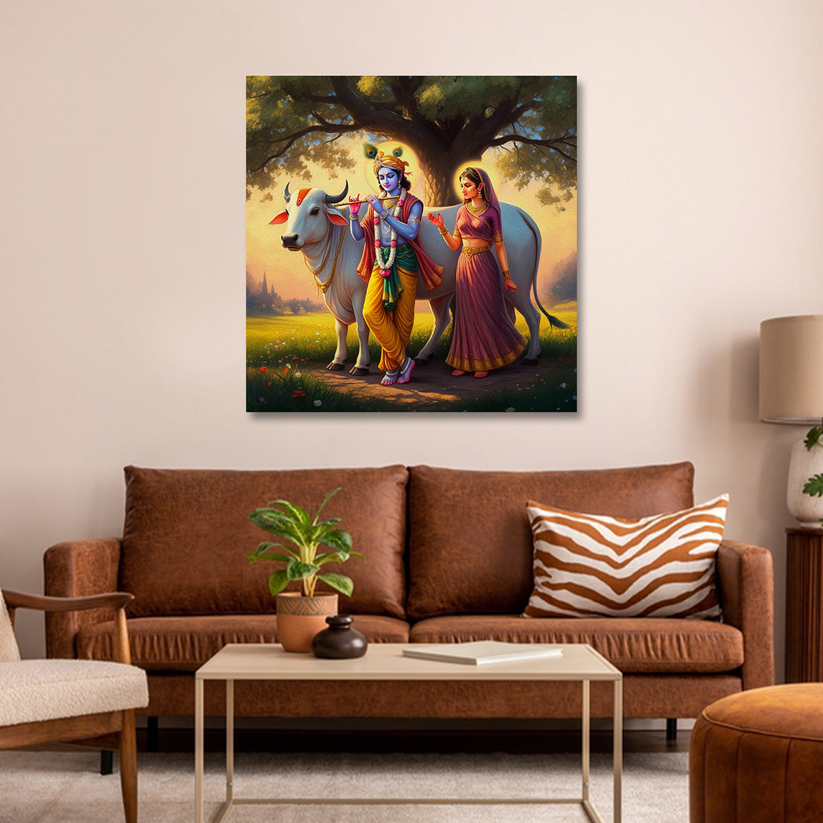 Radha Krishna with Cow Canvas Painting Frame Wall Decor for Living Room Spiritual Nature Artwork