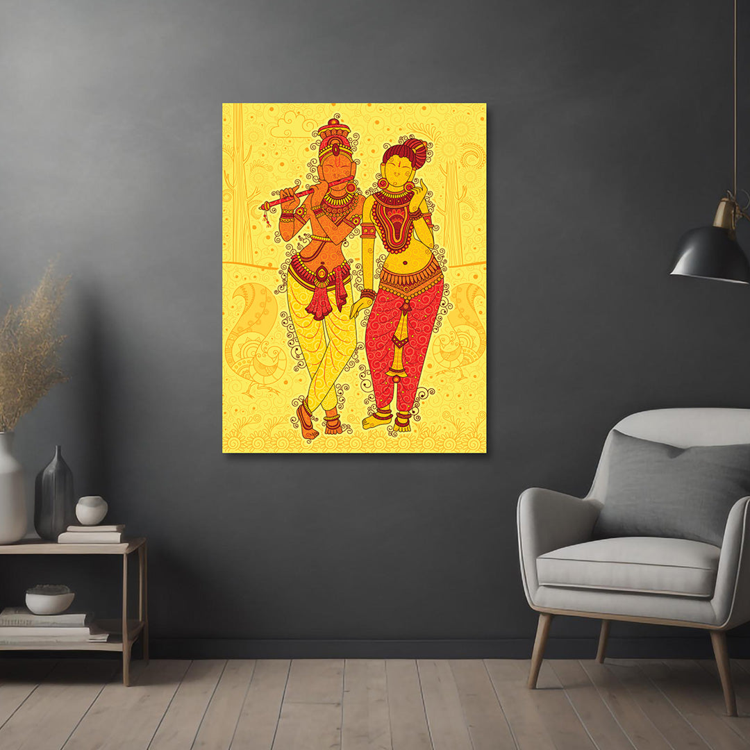 Radha Krishna Folk Art Canvas Painting Frame Yellow Orange Wall Decor for Living Room Traditional Artwork