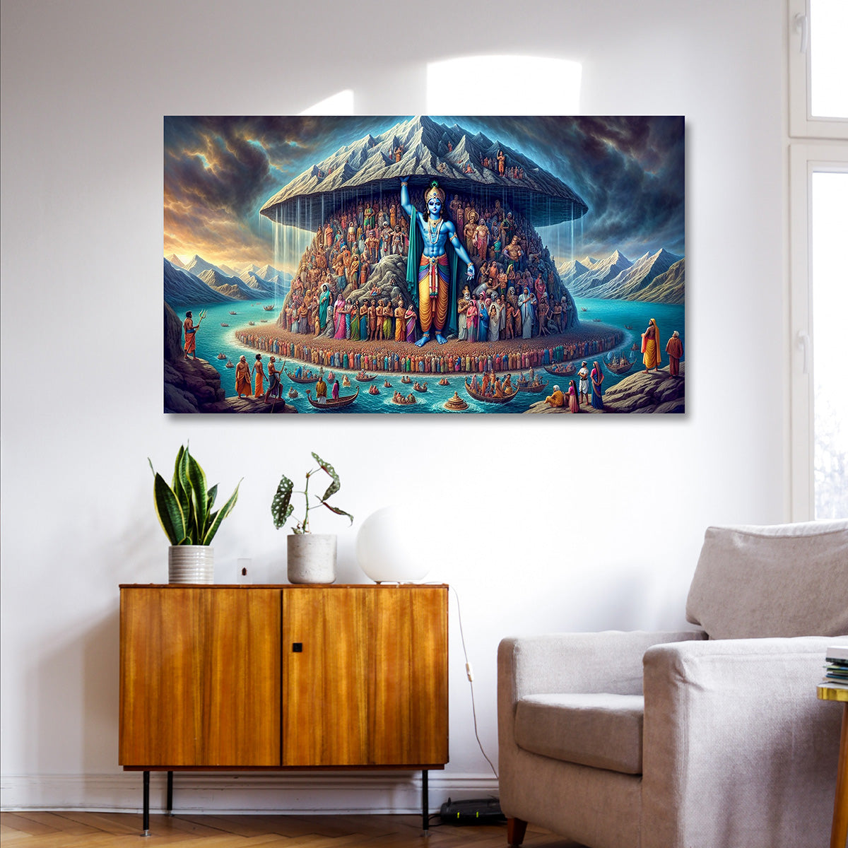 Govardhan Krishna Canvas Painting Frame Wall Decor for Living Room Spiritual Mountain Artwork