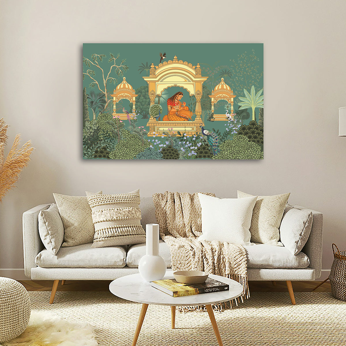 Royal Garden Pavilion Canvas Wall Painting | Mughal Inspired Woman & Nature Artwork | Premium Indian Heritage Wall Decor
