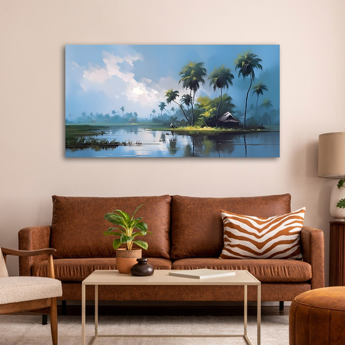 Scenic Tropical Landscape Wall Painting with Palm Trees | Modern Nature Canvas Art | Horizontal Acrylic UV Printed Wall Decor