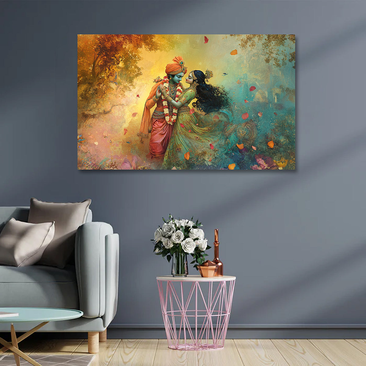 Radha Krishna Romantic Dance Canvas Painting Frame Wall Decor for Living Room Artistic Spiritual Artwork