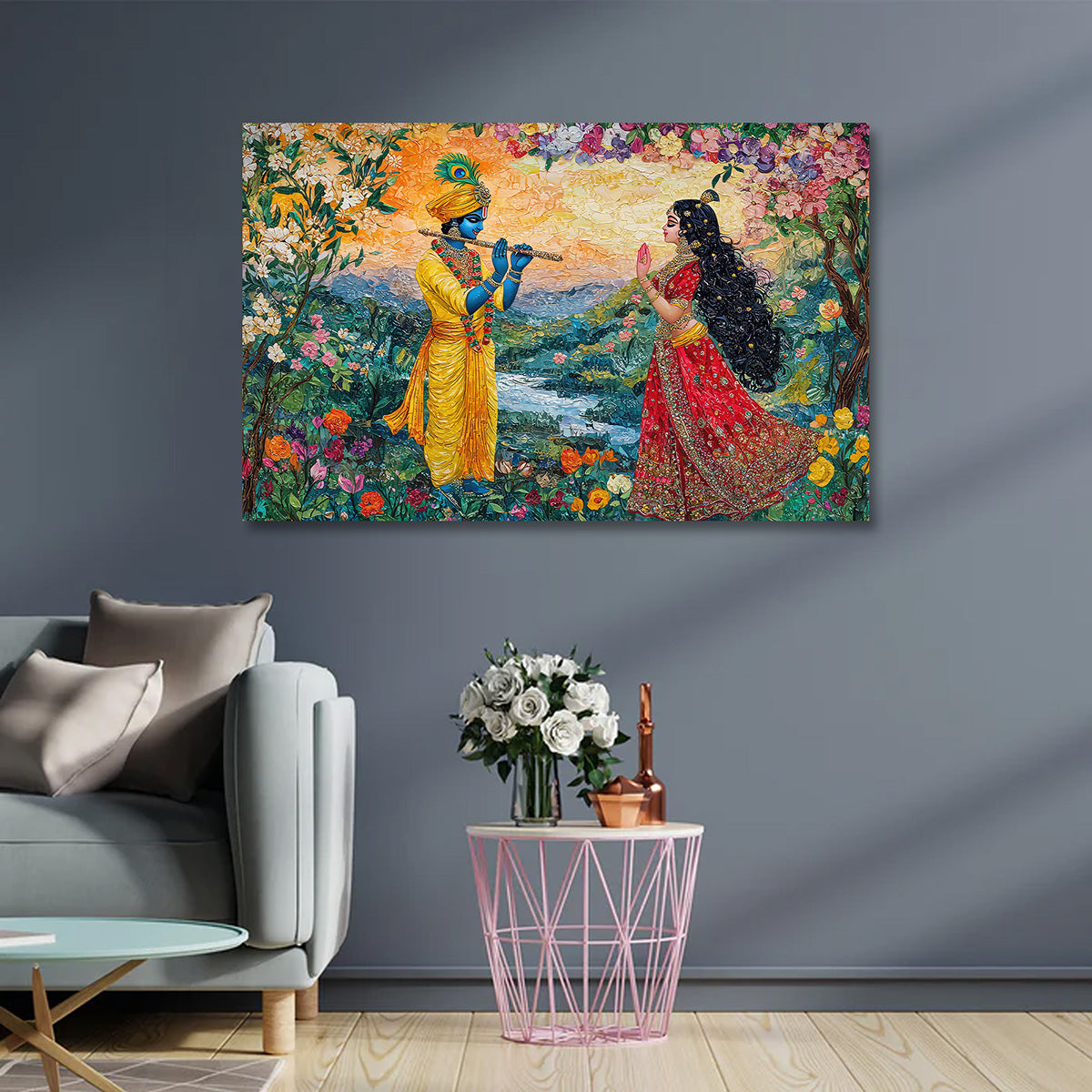 Radha Krishna Floral Garden Canvas Painting Frame Wall Decor for Living Room Nature Spiritual Artwork