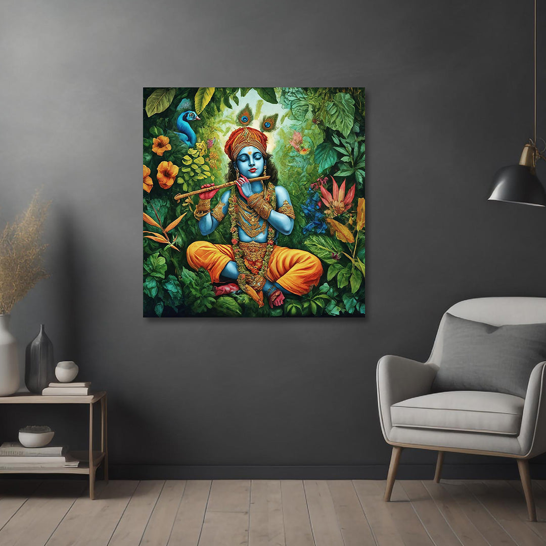 Krishna Flute Forest Canvas Painting Frame Wall Decor for Living Room Spiritual Artwork