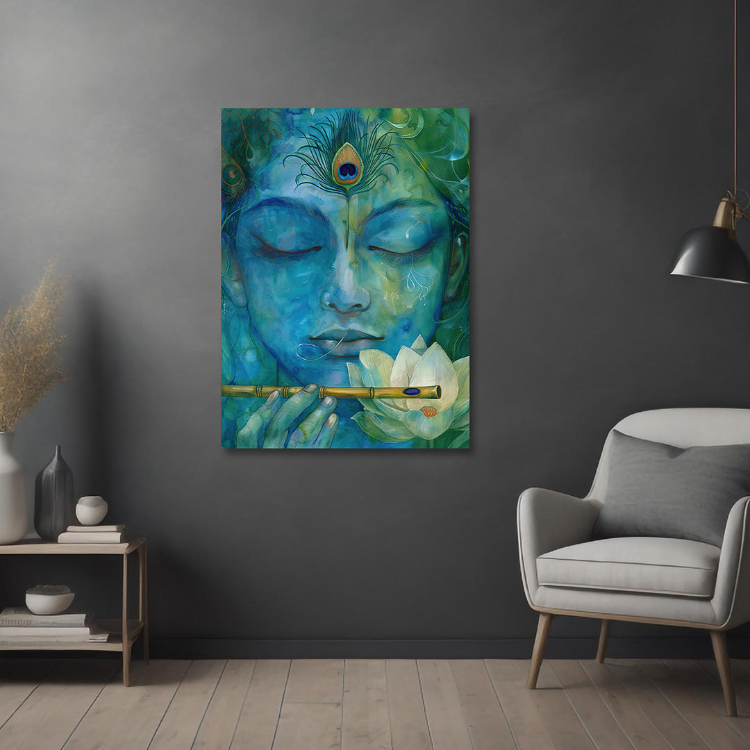 Lord Krishna Face Canvas Painting Frame Blue Artistic Wall Decor for Living Room Spiritual Modern Artwork