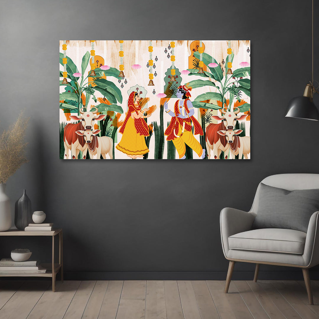 Radha Krishna Folk Art Canvas Painting Frame Wall Decor for Living Room Traditional Artwork