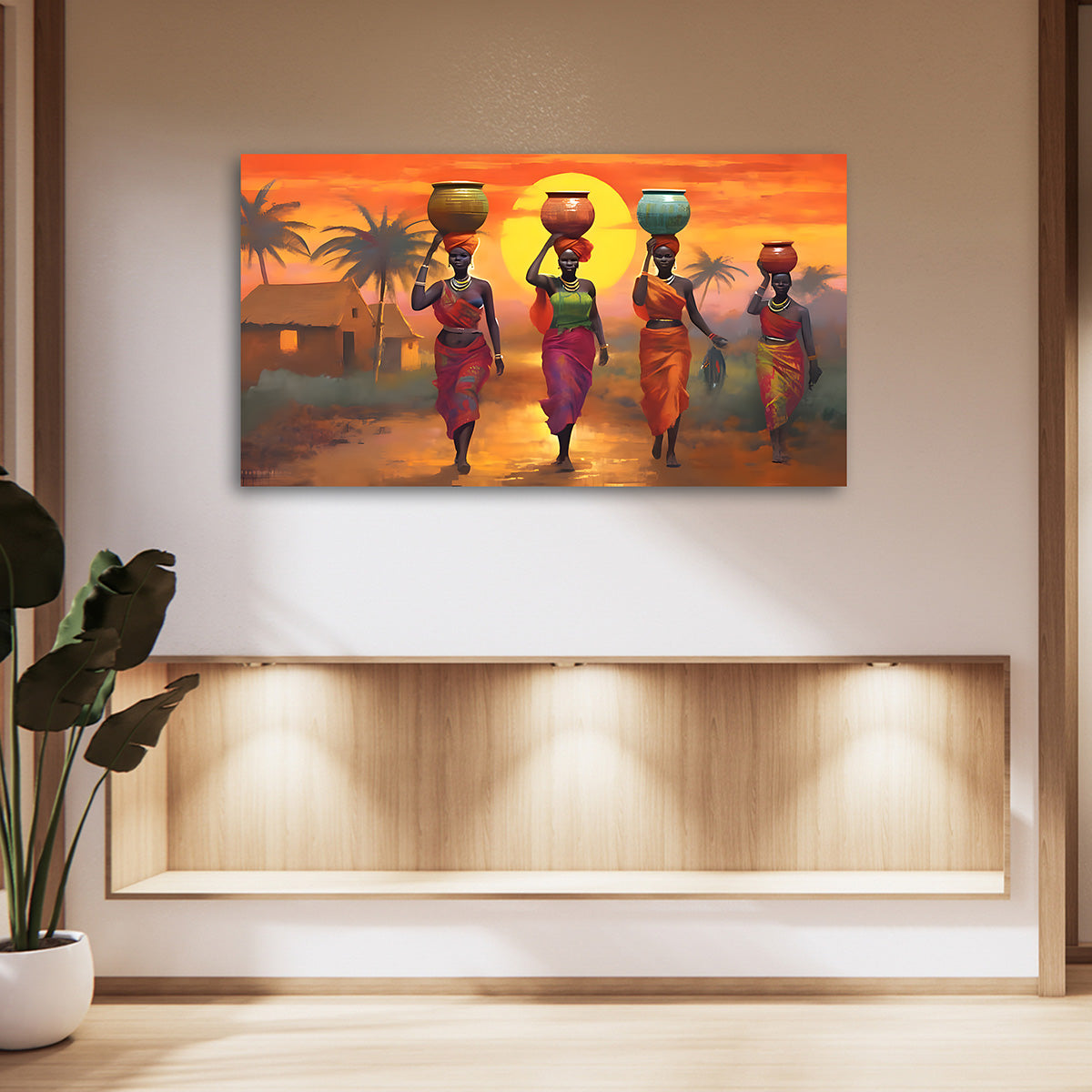 African Women Sunset Village Wall Painting | Colorful Ethnic Canvas Art for Living Room Decor