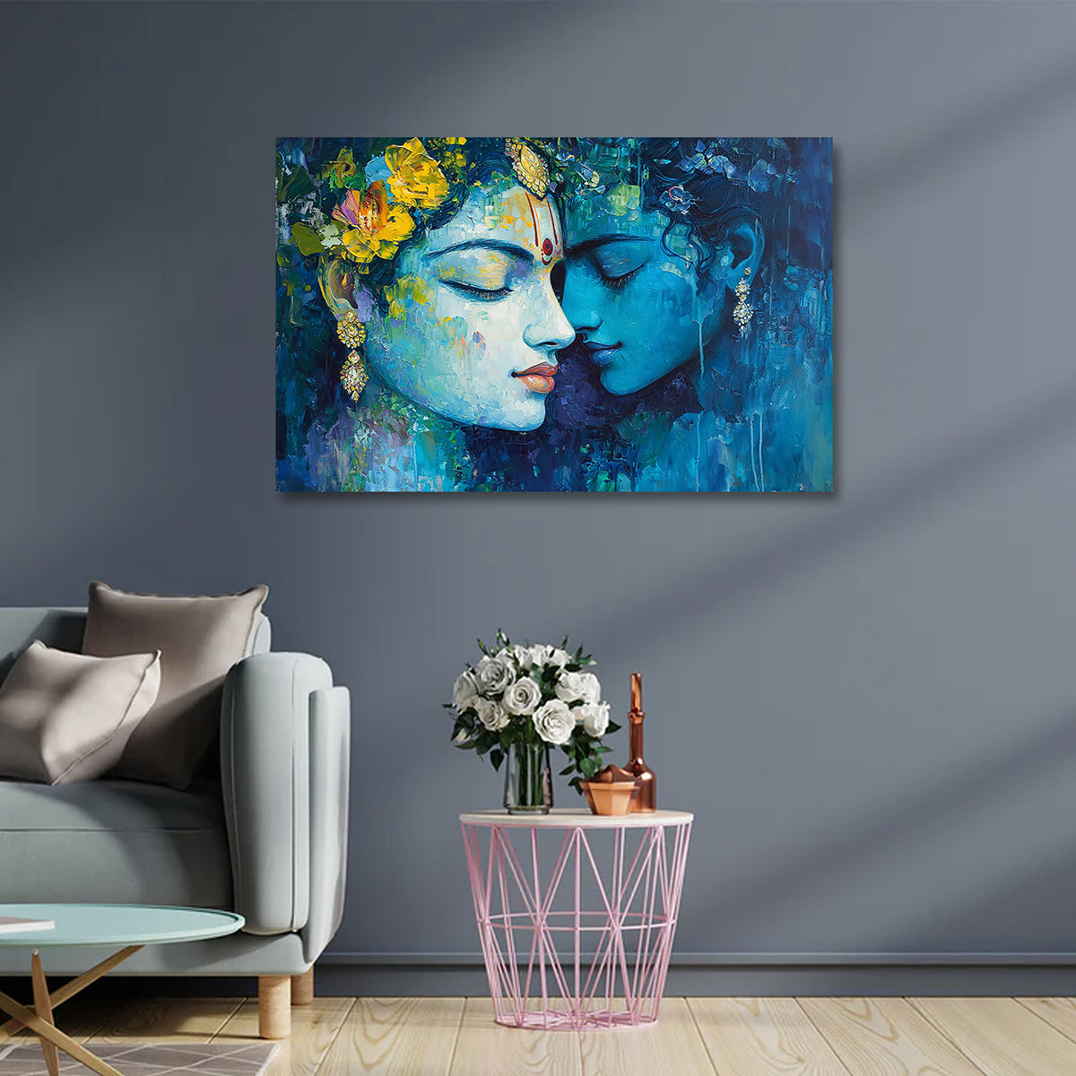 Radha Krishna Blue Abstract Canvas Painting Frame Wall Decor for Living Room Modern Spiritual Artwork