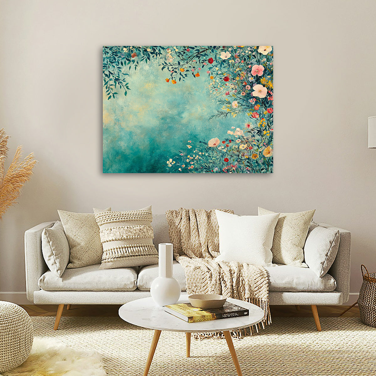 Elegant Teal Floral Landscape Canvas Wall Painting | Modern Nature Flower Artwork | Premium Aesthetic Wall Decor