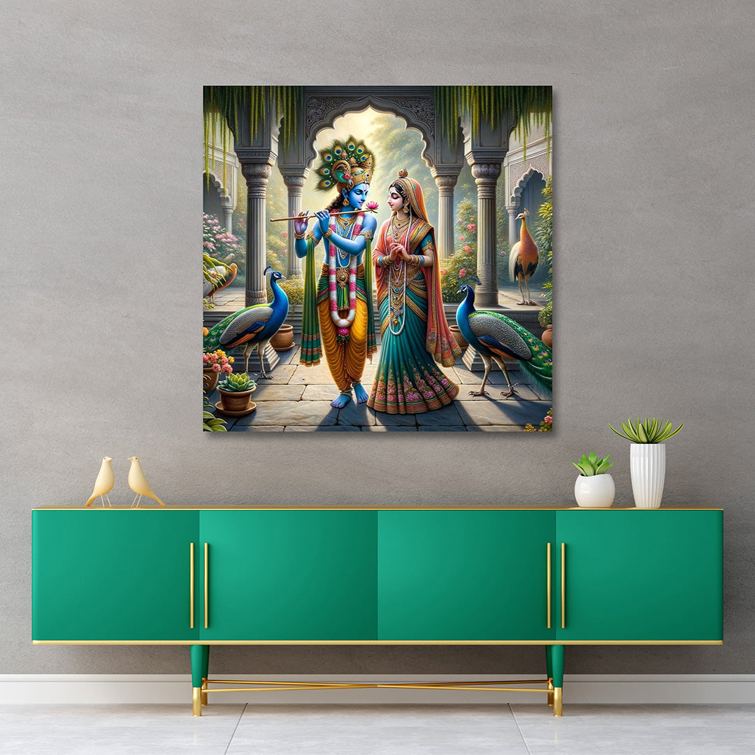 Radha Krishna Palace Garden Canvas Painting Frame Wall Decor for Living Room Peacock Artwork