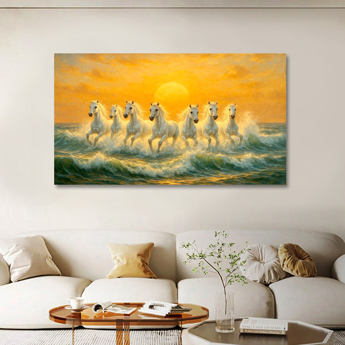 Seven White Horses Sunset Canvas Painting Frame Wall Decor for Living Room Vastu Artwork