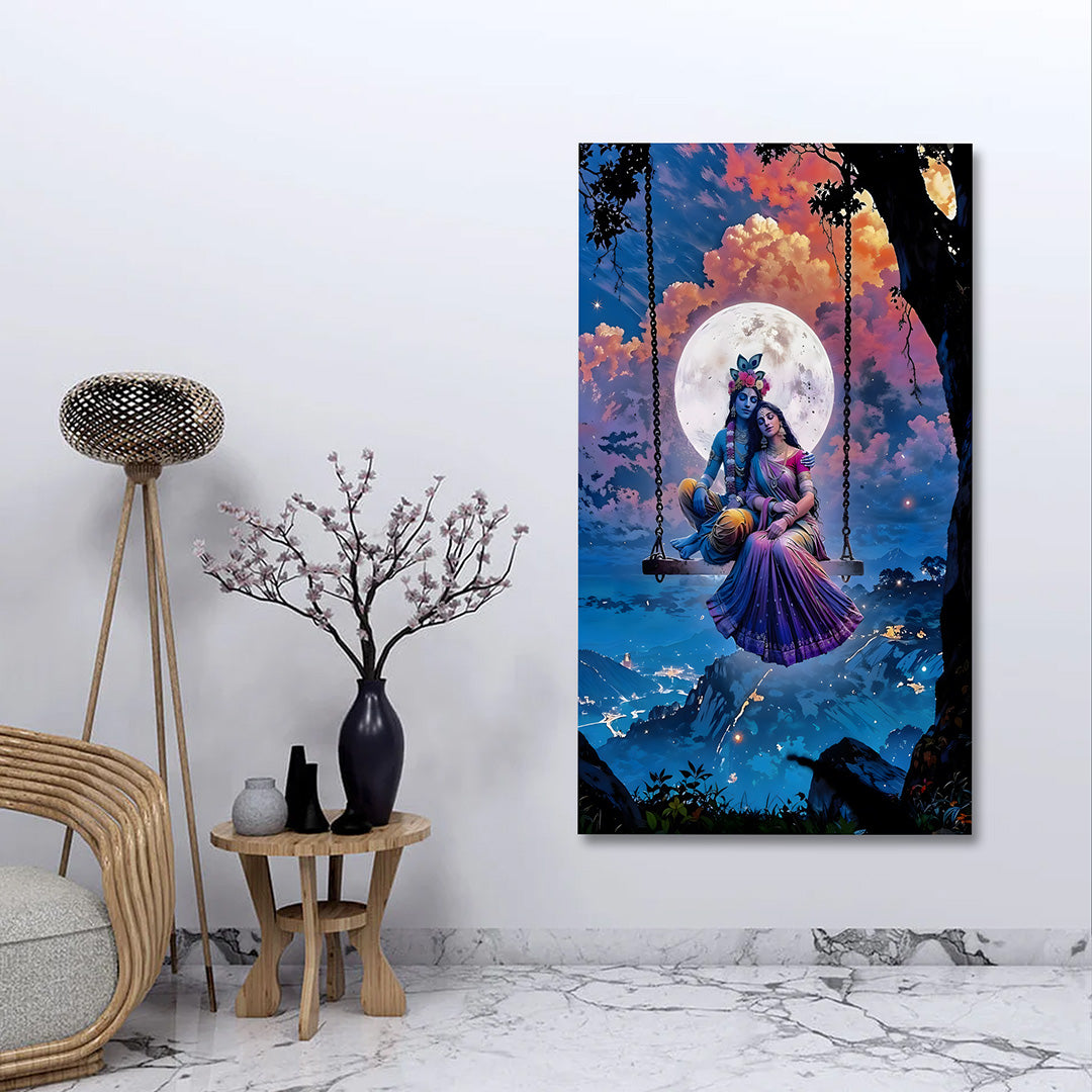 Radha Krishna Jhula Canvas Painting Frame | Moonlight Romantic Krishna Wall Art | Large Spiritual Canvas Wall Decor for Living Room