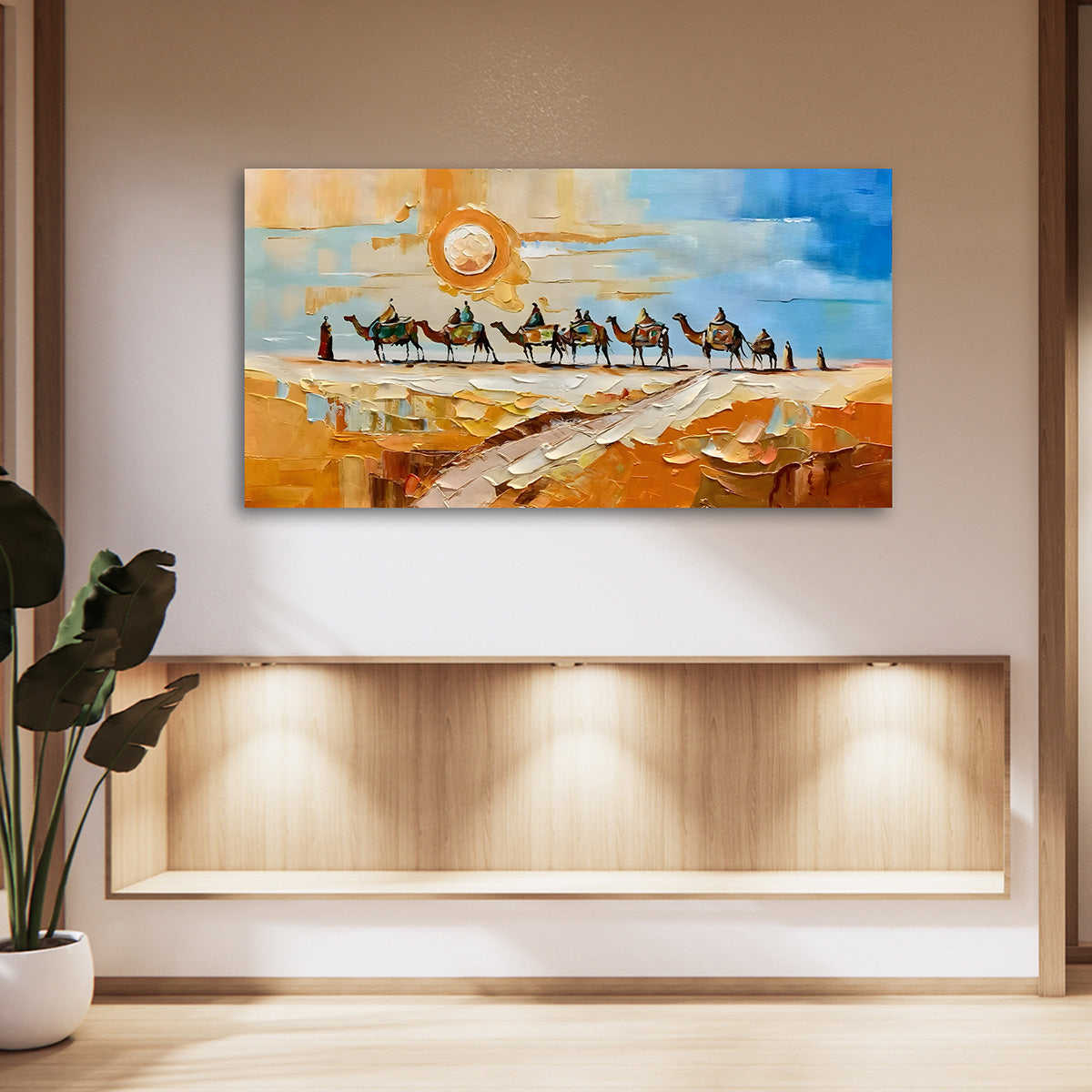 Desert Camel Caravan Wall Painting | Abstract Landscape Canvas Art for Living Room Decor