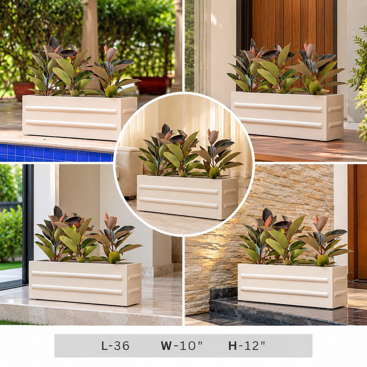 Ivory Rectangular Modern Planter with Raised Groove Detailing – 36 Inch