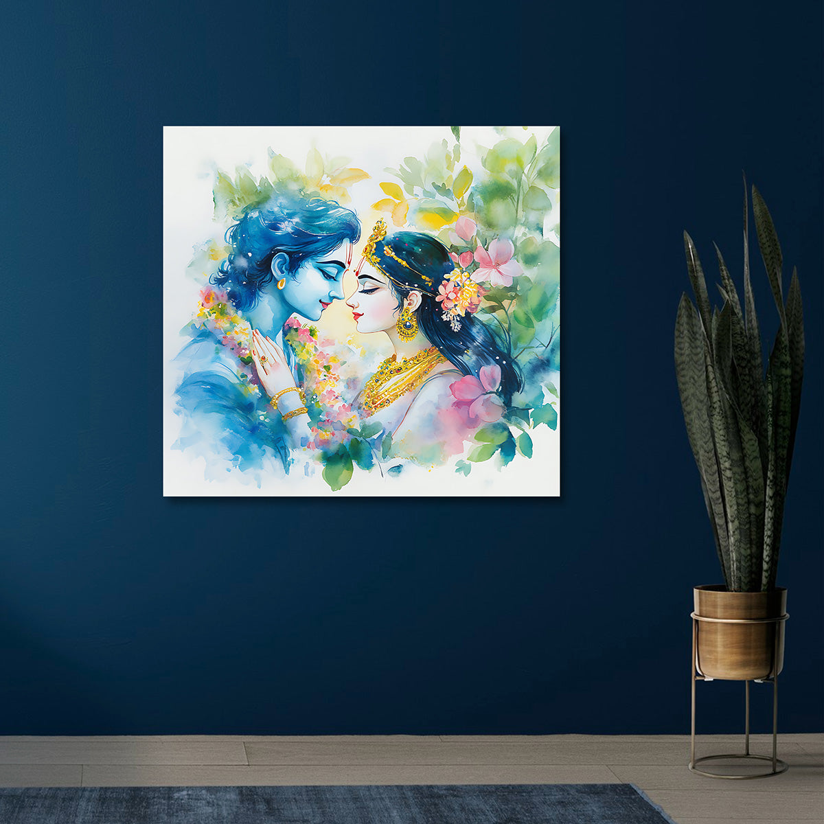 Radha Krishna Watercolor Floral Canvas Painting Frame Wall Art for Living Room Decor