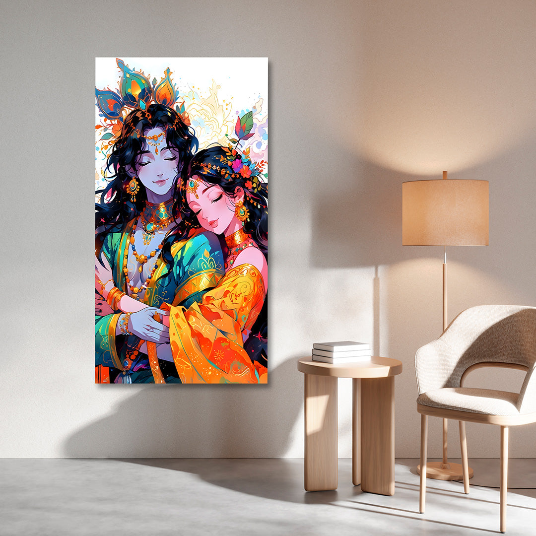 Modern Radha Krishna Canvas Painting Frame | Colorful Artistic Krishna Wall Art | Large Contemporary Spiritual Wall Decor for Living Room