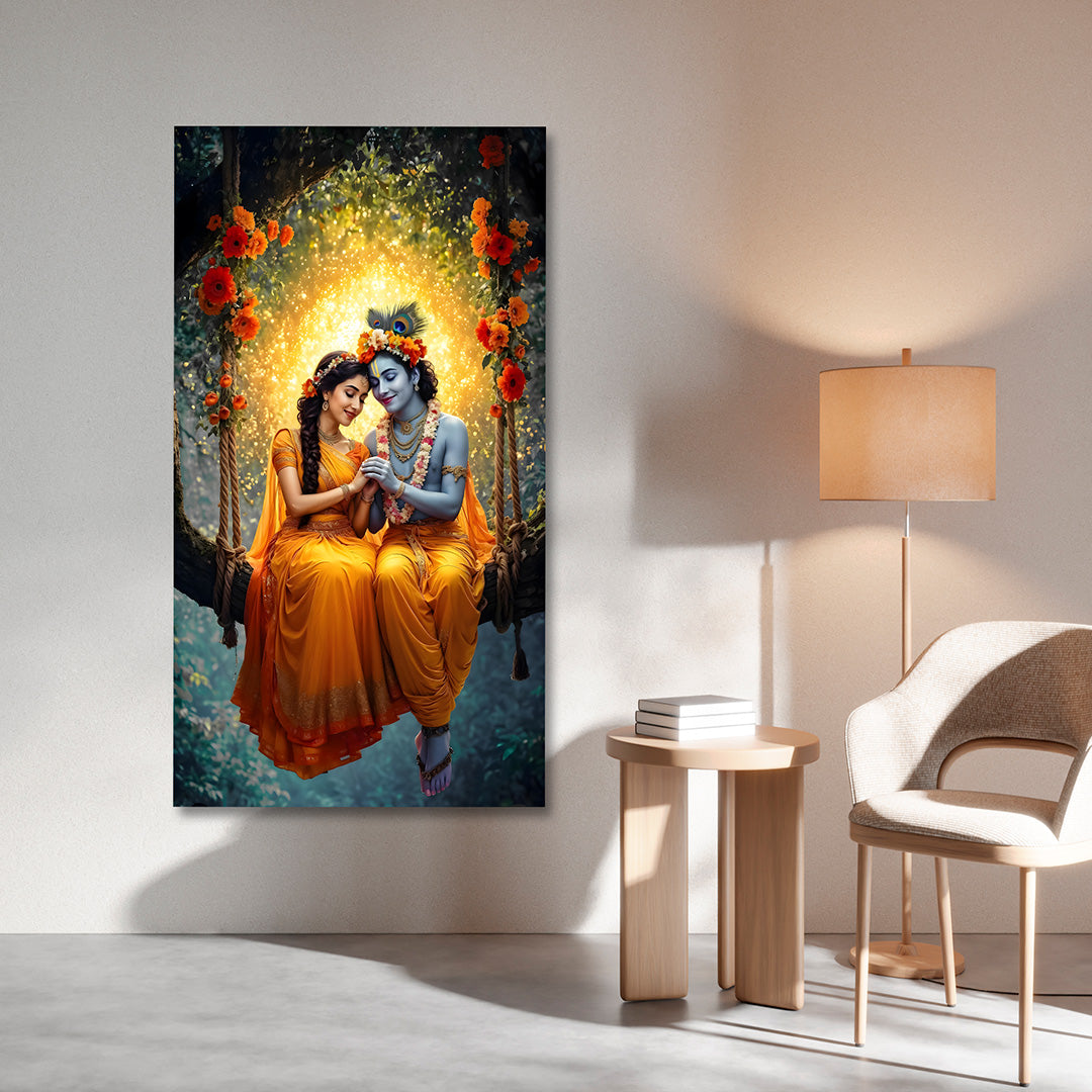 Radha Krishna Jhula Canvas Painting Frame | Golden Aura Romantic Wall Art | Premium Spiritual Canvas Wall Decor for Living Room