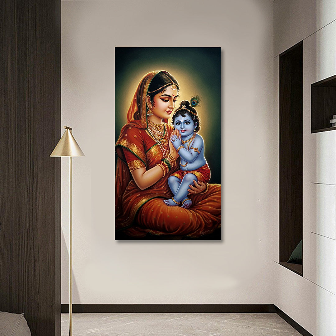 Yashoda Krishna Portrait Canvas Painting Frame Wall Decor for Living Room Vertical Spiritual Artwork