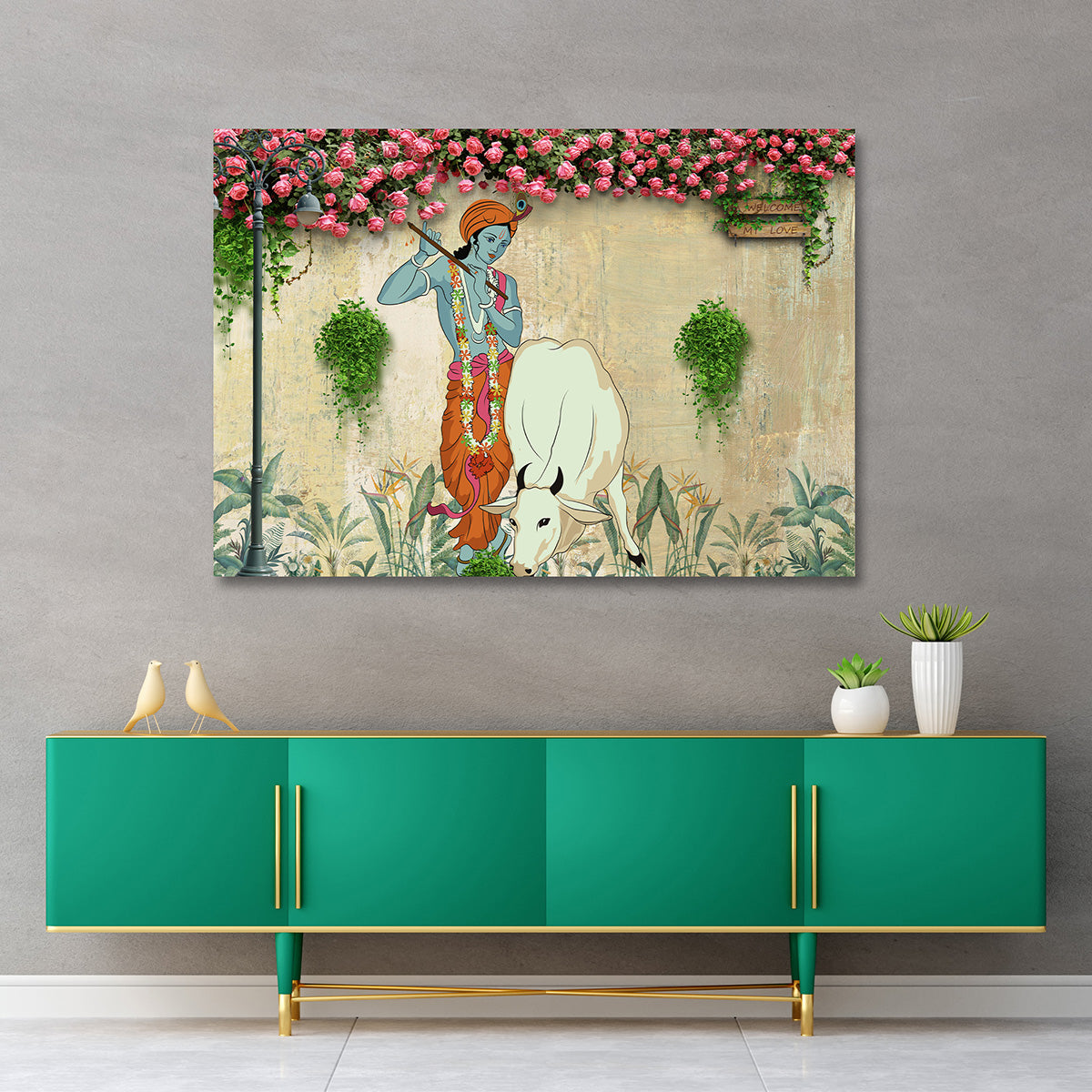 Lord Krishna with Cow Garden Style Canvas Painting Frame Wall Decor for Living Room Spiritual Artwork
