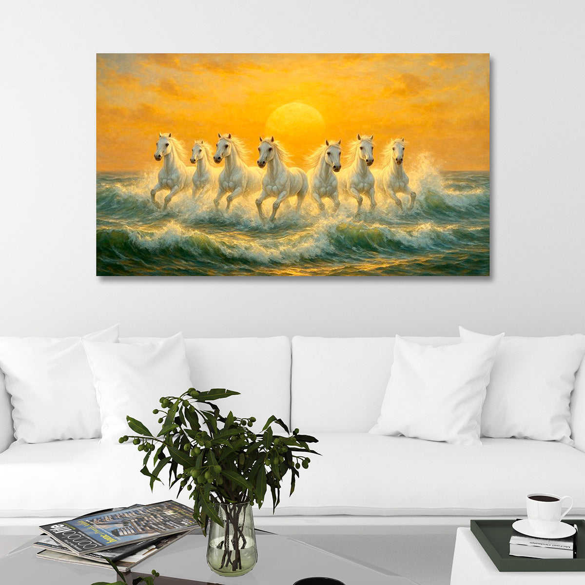 Seven White Horses Sunset Canvas Painting Frame Wall Decor for Living Room Vastu Artwork