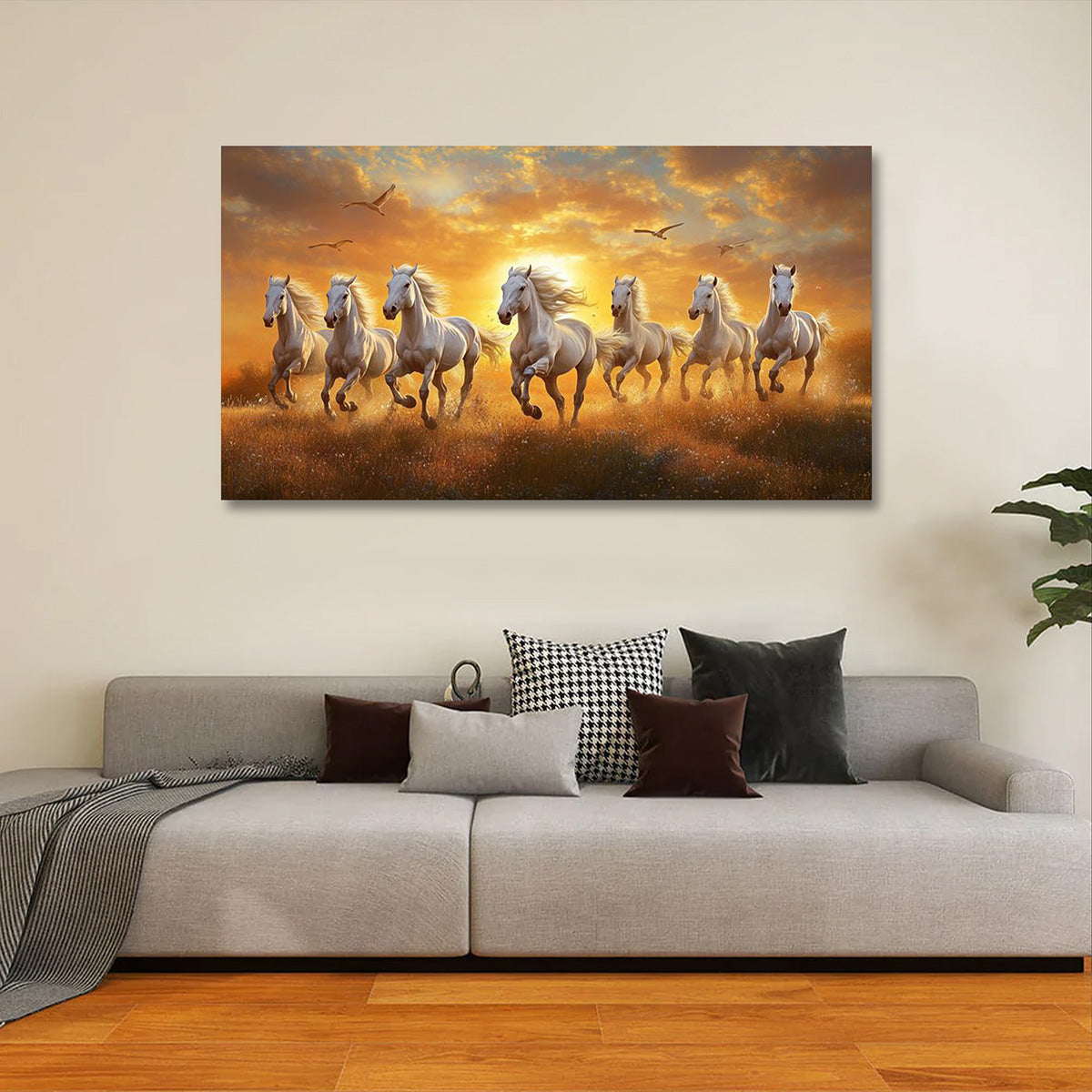 Seven White Horses Golden Sunset Canvas Painting Frame Wall Decor for Living Room Vastu Artwork