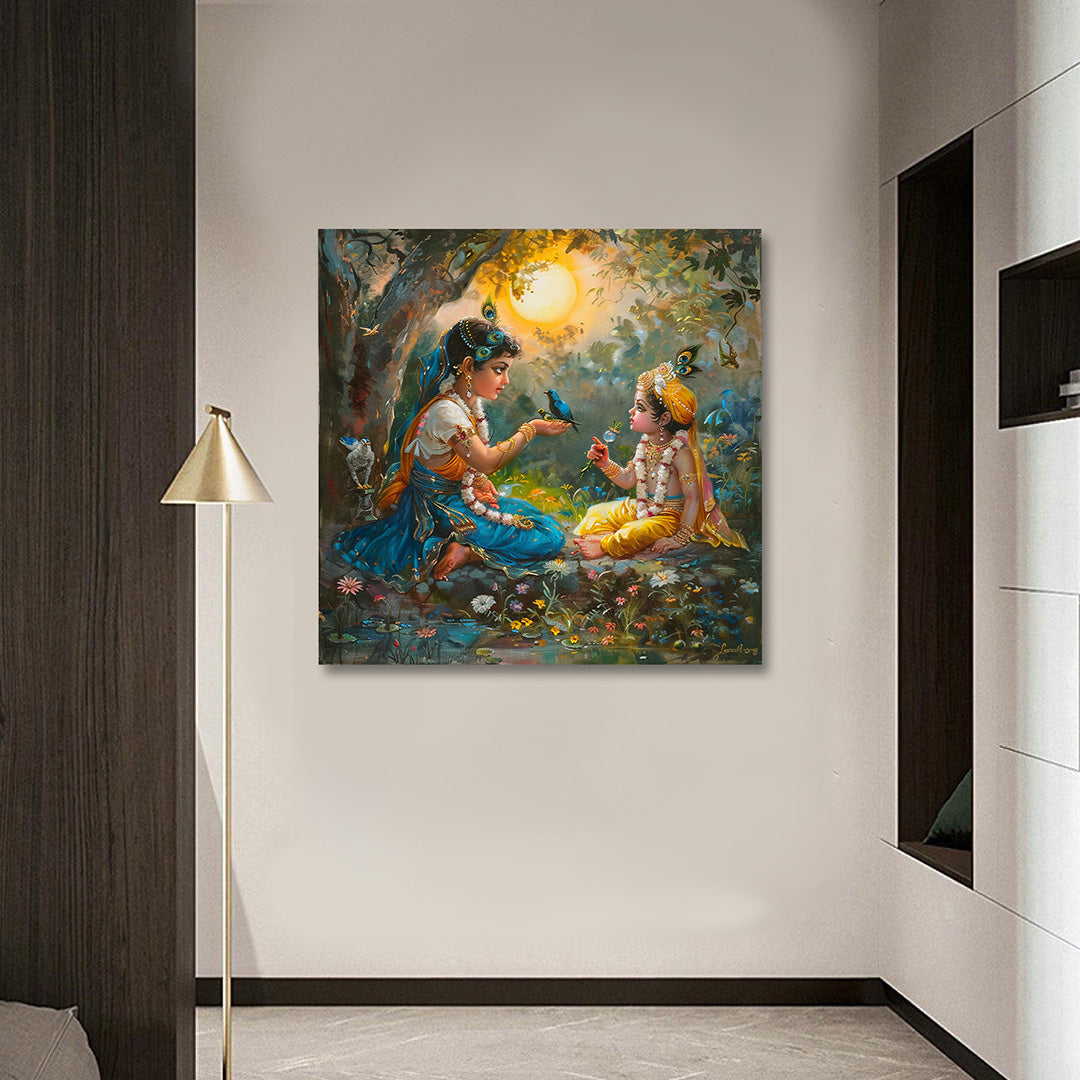 Bal Krishna with Radha Canvas Painting Frame Kids Spiritual Wall Art for Living Room Decor