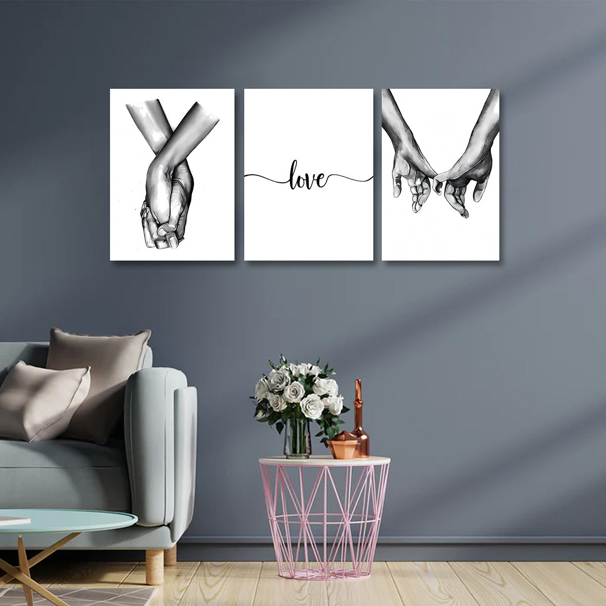 Love Hands Wall Art Set of 3 Panels | Minimalist Couple Line Art Canvas Painting | Acrylic UV Printed Romantic Wall Decor for Living Room Bedroom (18 x 24 Inches Each Part)