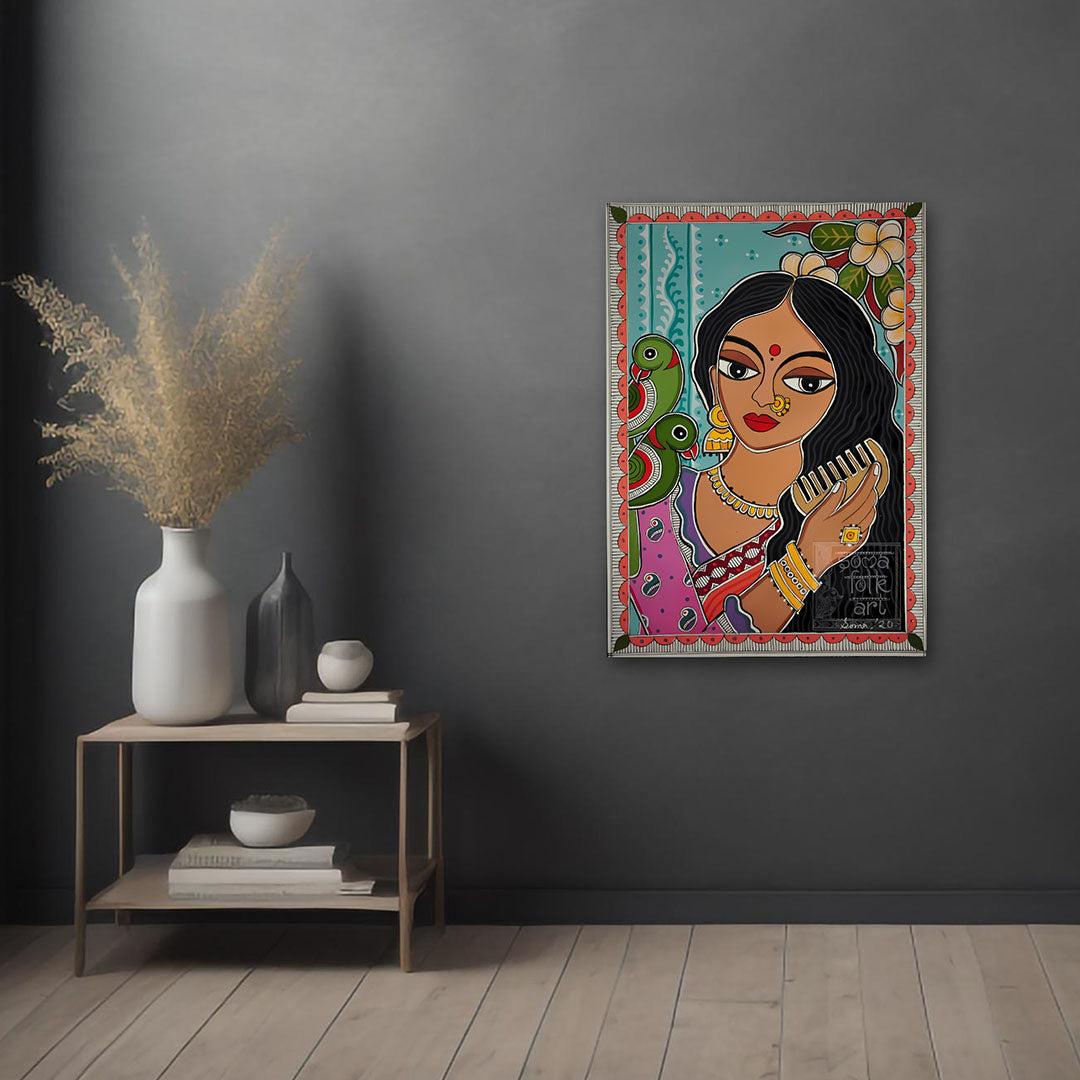 Indian Folk Art Woman Canvas Painting with Parrot – Traditional Ethnic Wall Art Canvas Painting Frame for Living Room