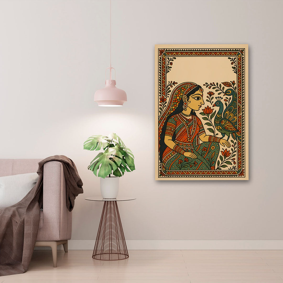 Traditional Indian Folk Art Canvas Painting | Woman with Bird Ethnic Wall Art Canvas Painting Frame for Living Room