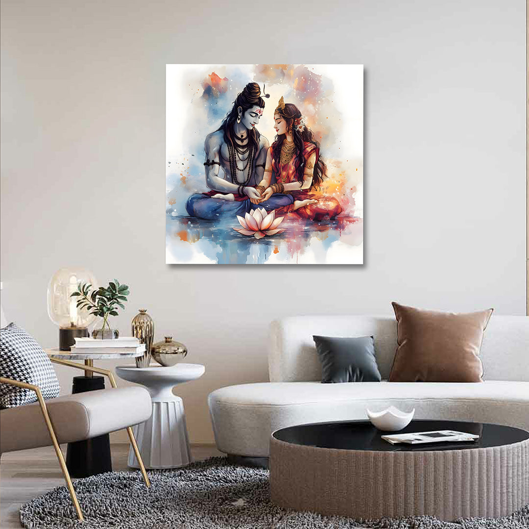 Shiv Parvati Watercolor Canvas Painting Frame | Minimal Divine Couple Wall Art | Large Spiritual Canvas Wall Decor for Living Room