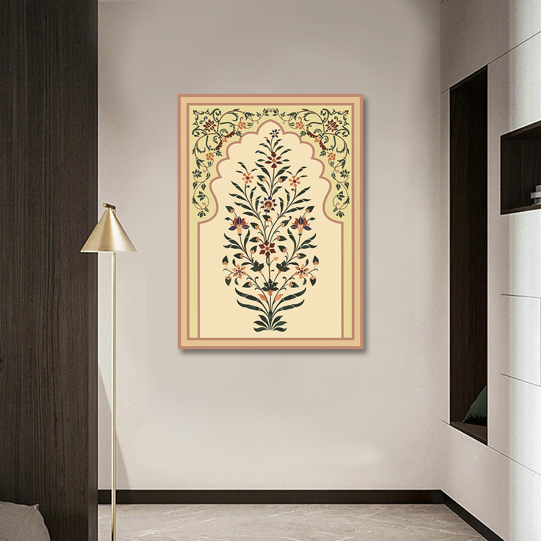 Floral Arch Canvas Wall Painting | Mughal Inspired Botanical Artwork | Elegant Traditional Wall Decor
