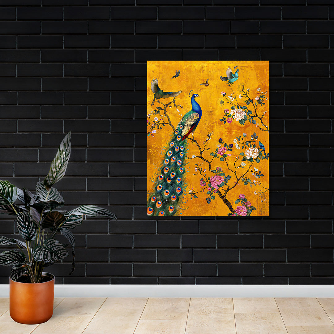 Royal Peacock Floral Canvas Wall Painting | Luxury Bird Artwork with Golden Background | Premium Decorative Wall Art