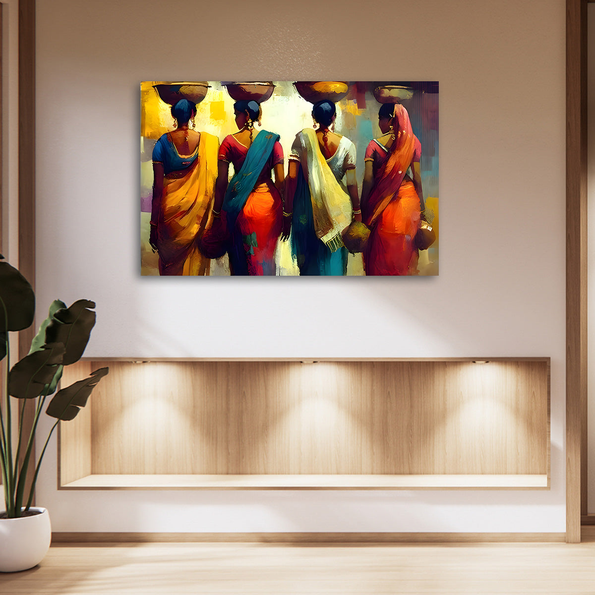 Traditional Indian Women Canvas Wall Painting | Colorful Village Life Artwork for Living Room Decor