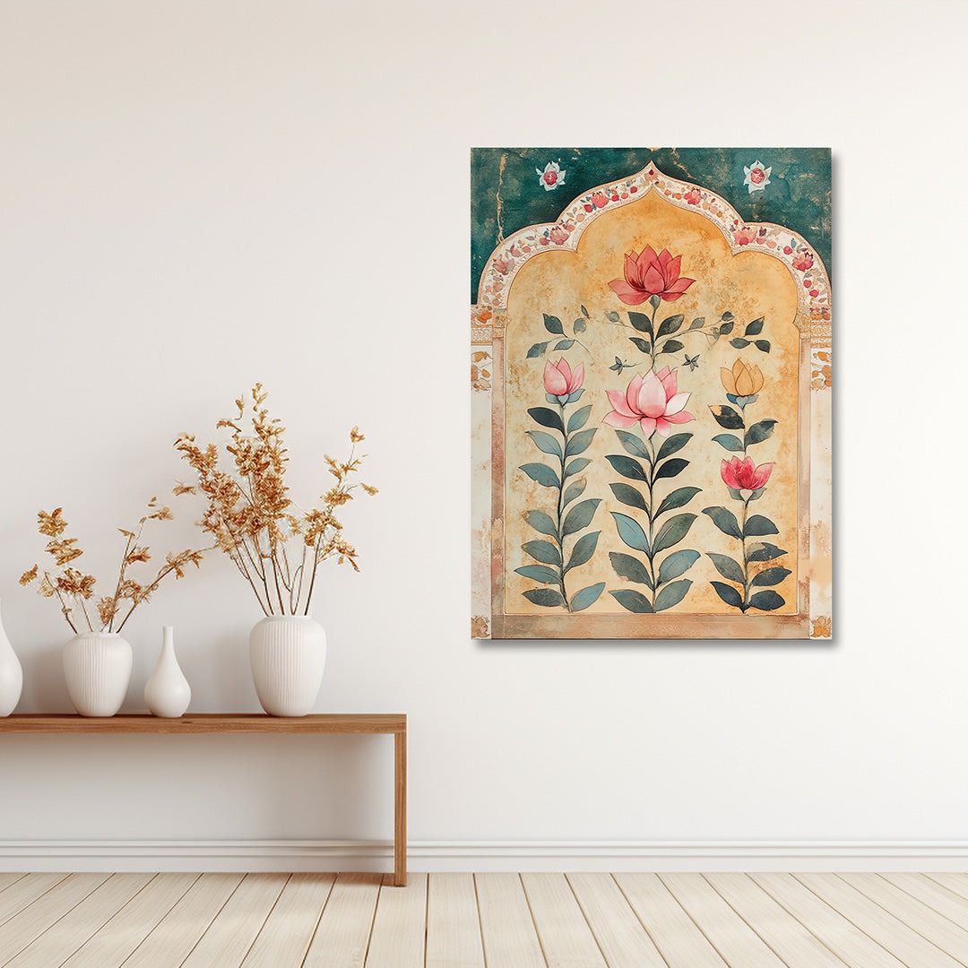 Mughal Floral Arch Canvas Wall Art | Lotus Botanical Painting | Elegant Indian Heritage Decor