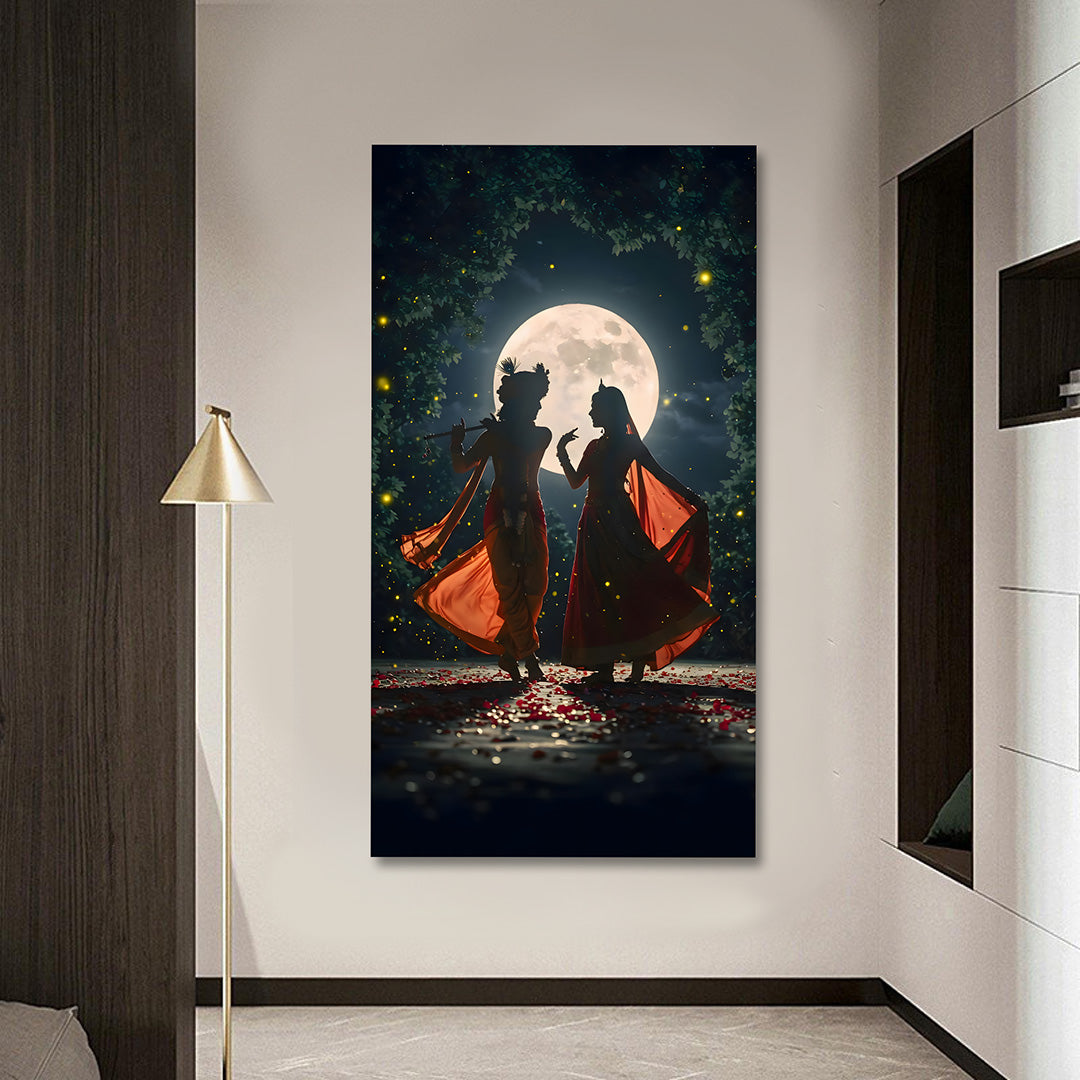 Radha Krishna Canvas Wall Painting Frame | Romantic Moonlight Couple Canvas Wall Art for Living Room | Large Size Spiritual Love Painting for Home Decor & Gifting