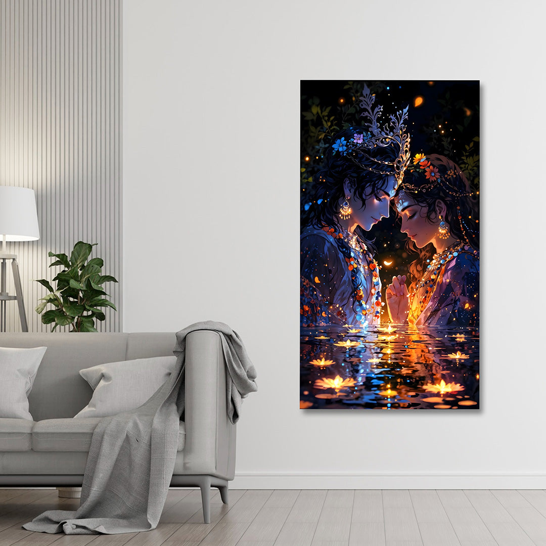 Radha Krishna Night Canvas Painting Frame | Romantic Reflection Wall Art with Diya Lights | Premium Spiritual Canvas Wall Decor for Living Room