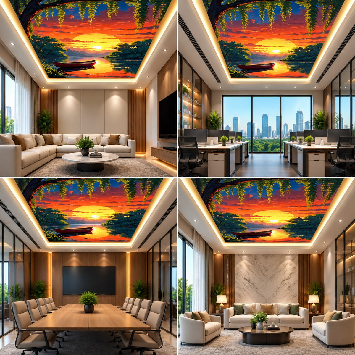 Sunset Lake Ceiling Panel with Boat Scene for Luxury Living Room False Ceiling Decor