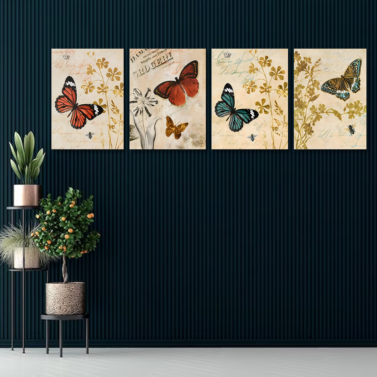 Vintage Butterfly Wall Art Set of 4 Panels | Classic Floral Canvas Painting | Acrylic UV Printed Wall Decor for Living Room Bedroom (12 x 18 Inches Each Part)