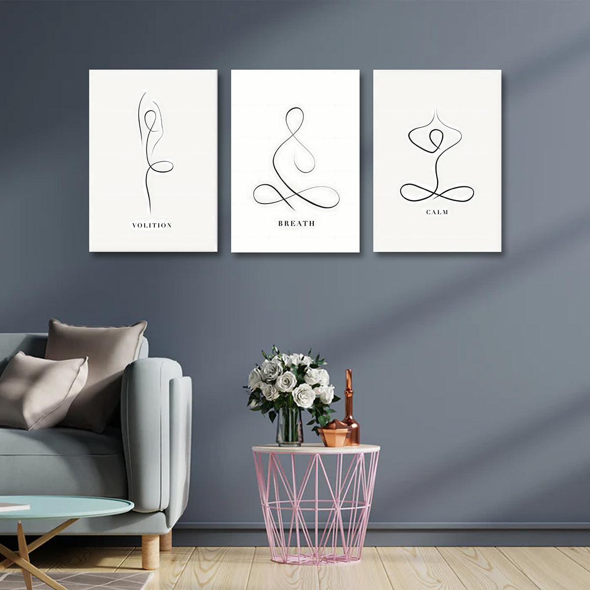 Minimalist Line Art Wall Art Set of 3 Panels | Yoga Meditation Abstract Canvas | Calm Breath Volition Acrylic UV Printed Wall Decor (18 x 24 Inches Each Part)