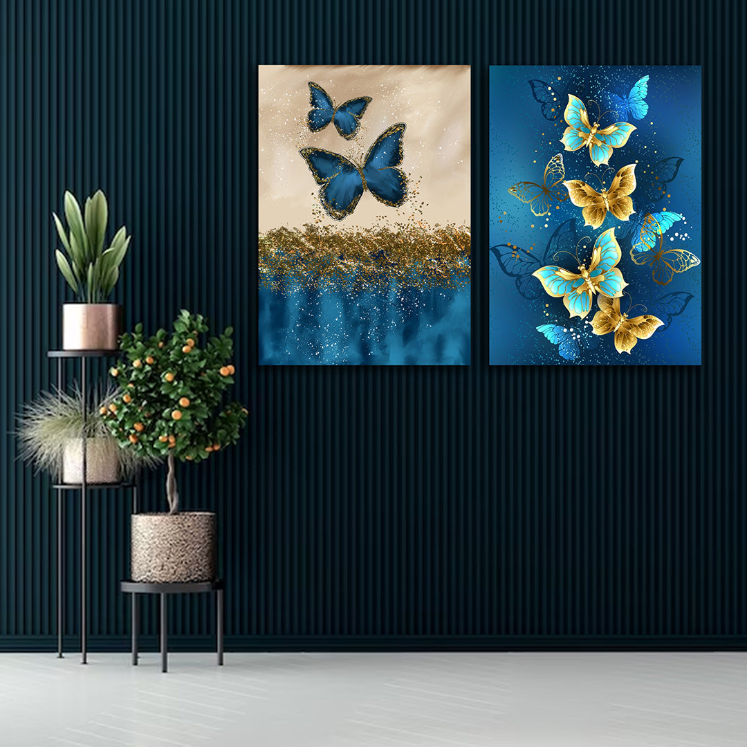 Blue Gold Butterfly Canvas Painting Set of 2 Modern Wall Art (18 x 24 Inches Each Part)