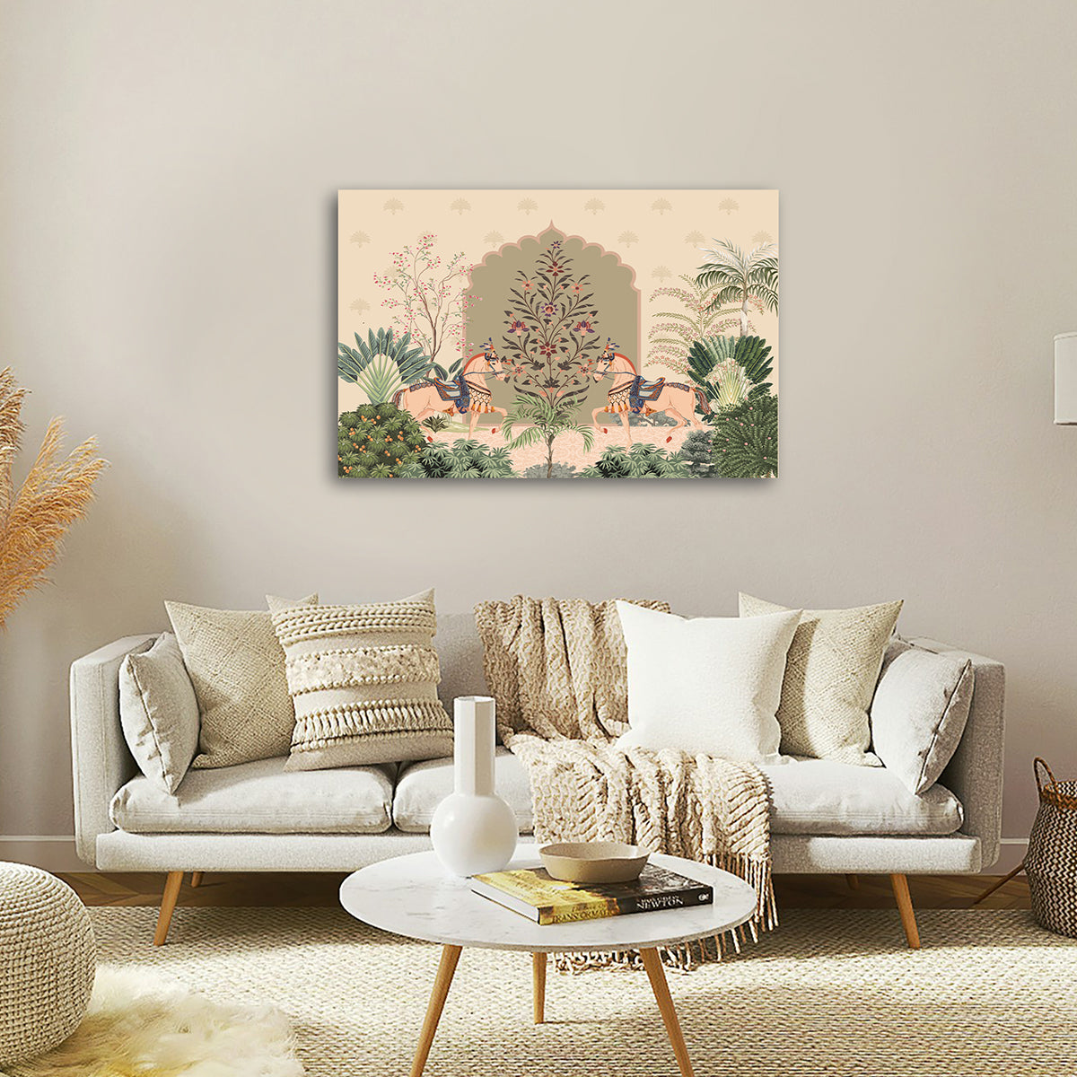 Mughal Royal Horse Garden Canvas Wall Art | Symmetrical Arch Botanical Painting | Indian Heritage Decor