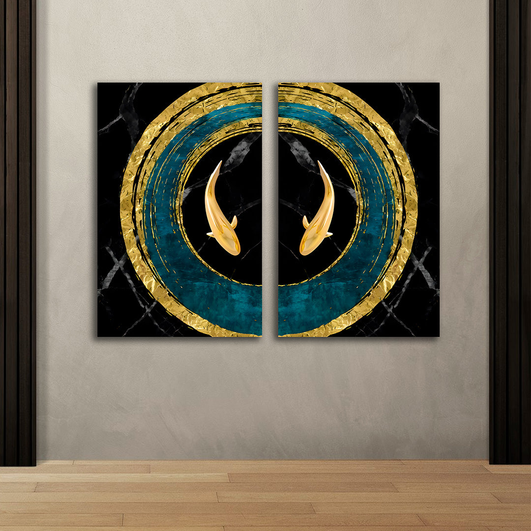 Abstract Gold Koi Fish Circle Canvas Painting Wall Art Set – Frame for Living Room (18 x 24 Inches Each Part)