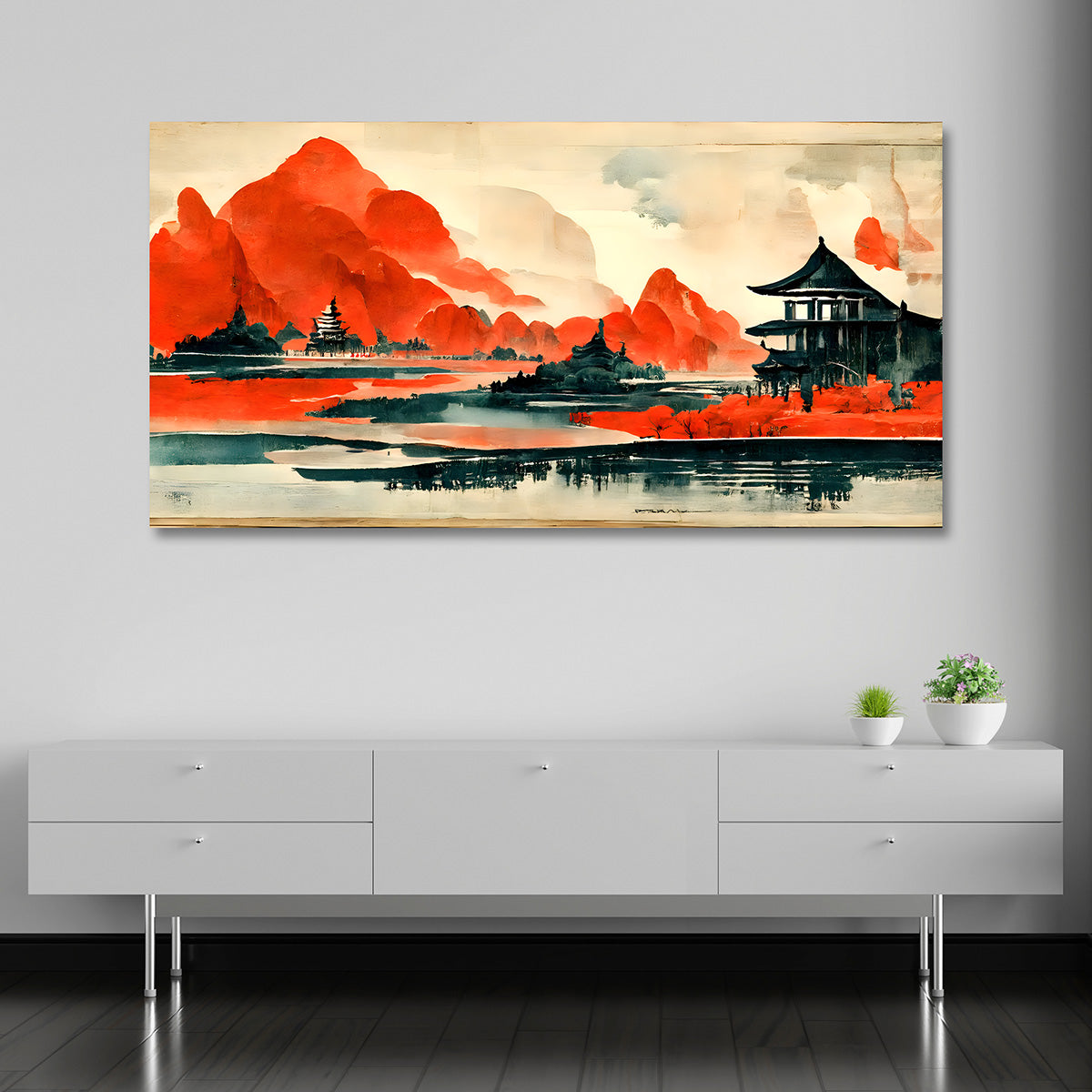 Red Mountain Landscape Canvas Wall Art Asian Scenic Painting Decor