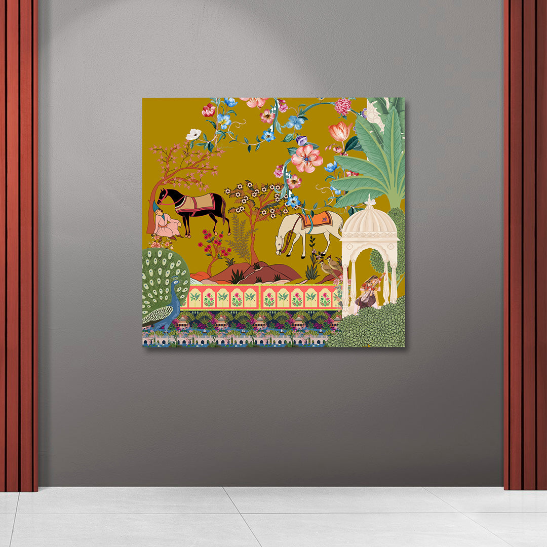 Royal Garden Scene Canvas Wall Painting | Indian Miniature Art Inspired Horse & Nature Artwork | Premium Ethnic Wall Decor