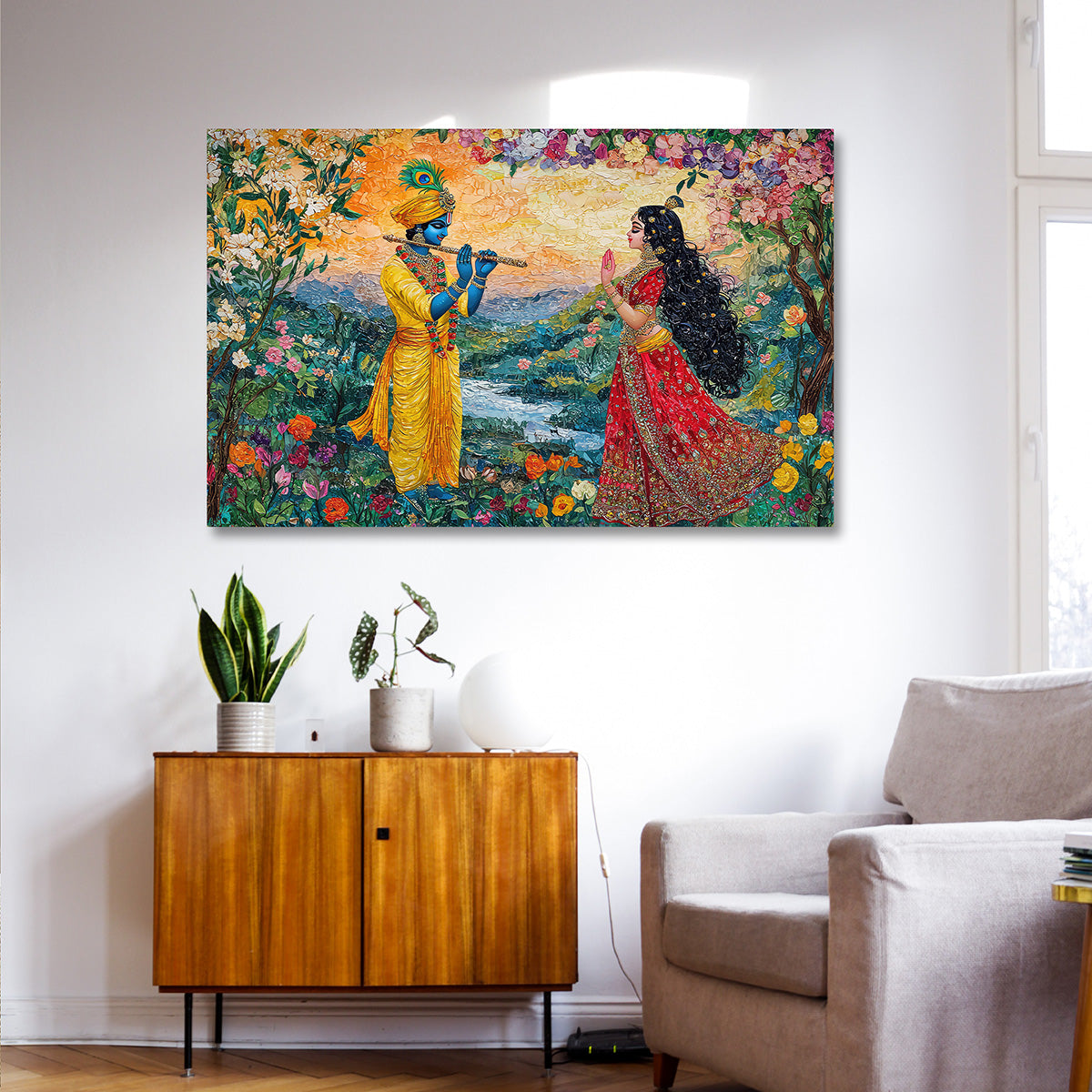 Radha Krishna Floral Garden Canvas Painting Frame Wall Decor for Living Room Nature Spiritual Artwork