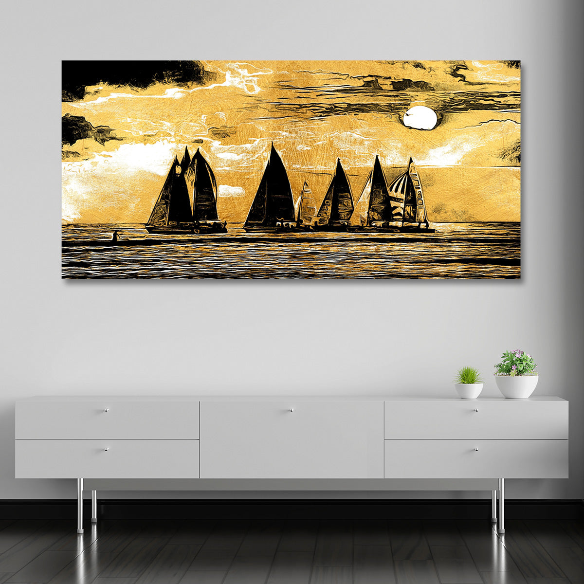 Golden Sailboat Sunset Canvas Wall Art Seascape Painting for Living Room